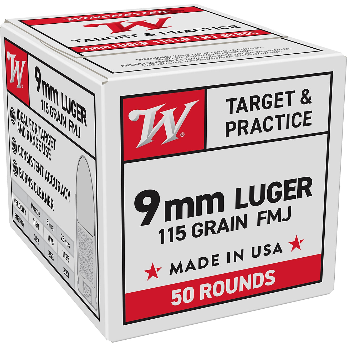 Winchester USA FMJ 9mm Luger 115-Grain Handgun Ammunition - 50 Rounds