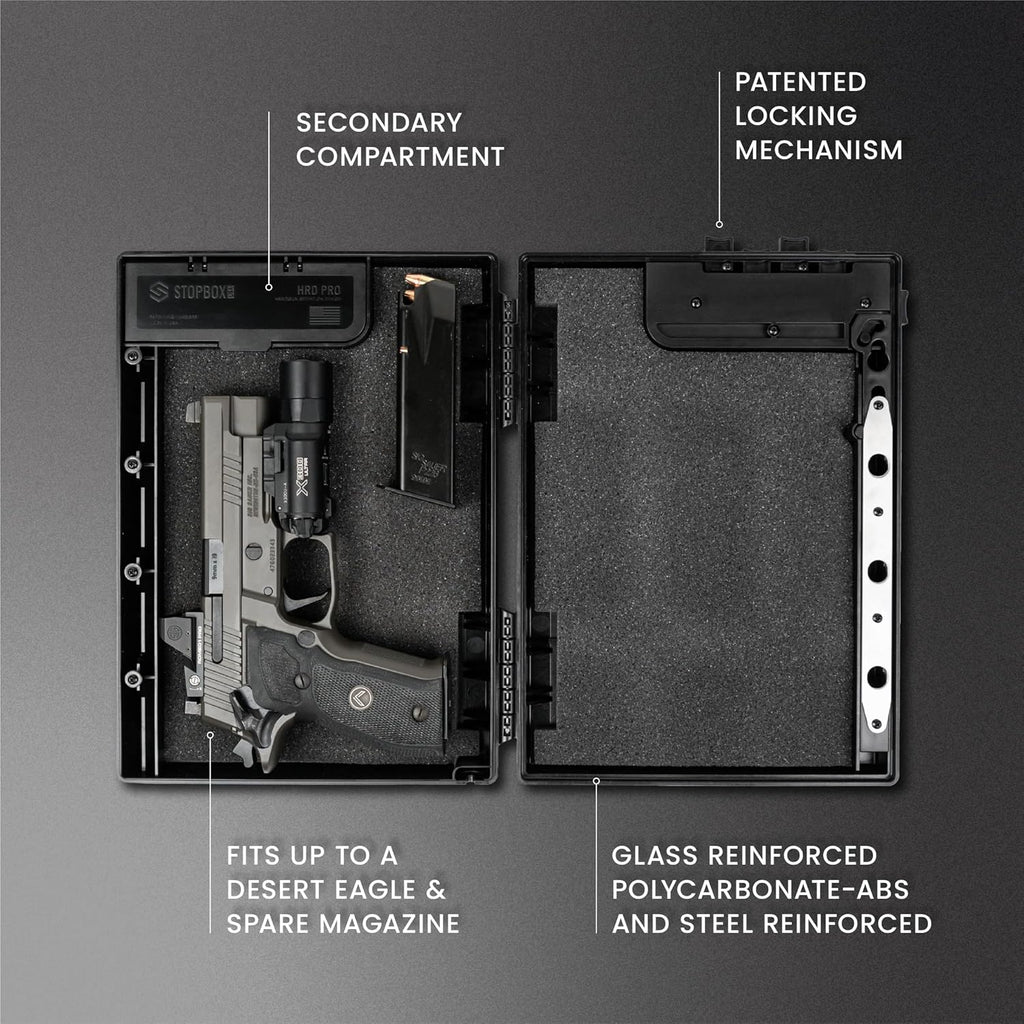 STOPBOX PRO Gun Safe Alternative for Handgun Storage, Instant Access Portable Gun Case, TSA Compliant Gun Lock Box for Car or Travel Safe Box, Quick Access Handgun | Black