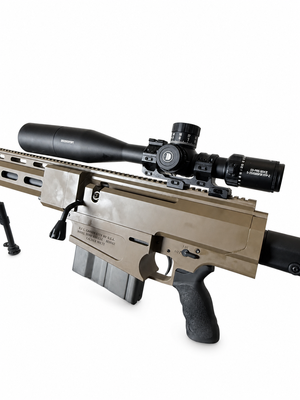 Bushmaster BA50 .50 BMG FDE – DiscoveryOpt ED-PRS Gen II 5-25x56 FFP – GG&G Bipod – Case