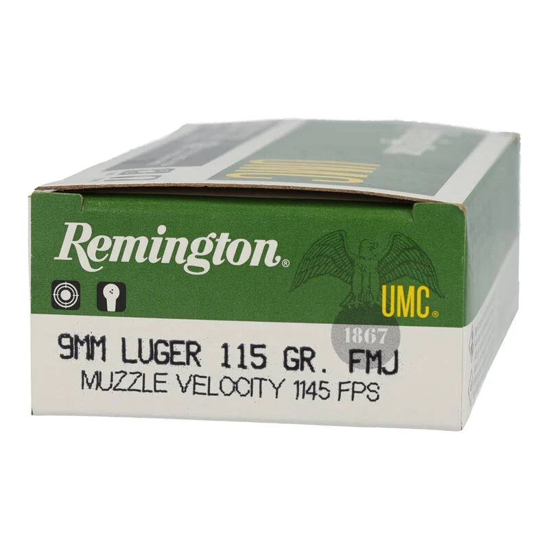 Remington 9mm Luger, 115 Grain, Full Metal Jacket, 1145 fps - (50) RD