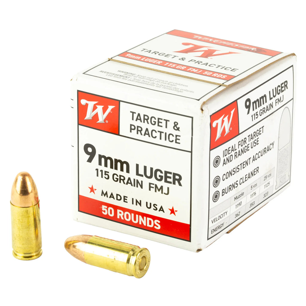 Winchester USA FMJ 9mm Luger 115-Grain Handgun Ammunition - 50 Rounds